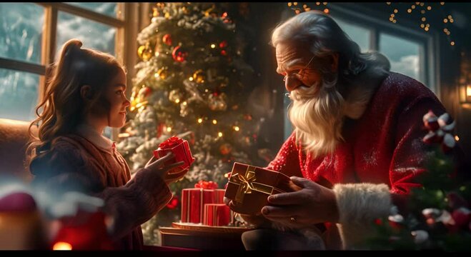 Santa Claus share in the warmth and generosity of giving a special gift in Christmas