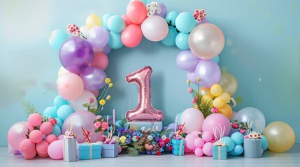 Arch photo zone for a birthday with the number 1, made of balloons, sweets and gifts