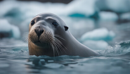 Fototapeta premium Seal swimming under the icy waters of Antarctica, sea lion in the ice 