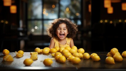 Obraz premium Adorable Child Making Funny Face While Eating Lemons in a Cozy Restaurant