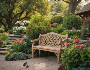 Fototapeta premium Un angolo di paradiso: una panchina tra fiori colorati che invitano a sedersi e godersi la bellezza. 