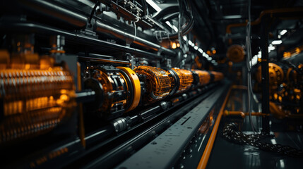 Naklejka premium Close-Up View of Hydraulic Pipes and Machinery in Heavy Industry Setting