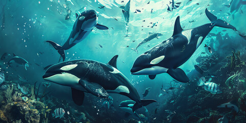 Obraz premium Visualize a pod of orcas swimming through an oil-contaminated ocean