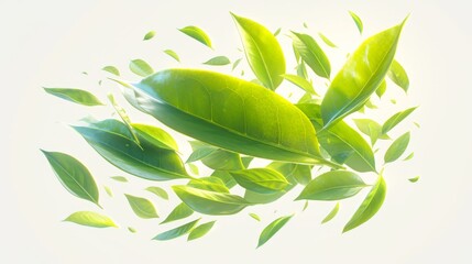 Serene Composition of Floating Green Tea Leaves and Tropical Foliage. Organic, Natural Herbal Motif with Wave and Swirl Patterns. High-Quality, High-Resolution Background Ideal for 4K Wallpapers, Dig