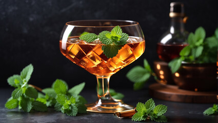 In the center of the image is a wide wine glass filled with amber liquid and ice.