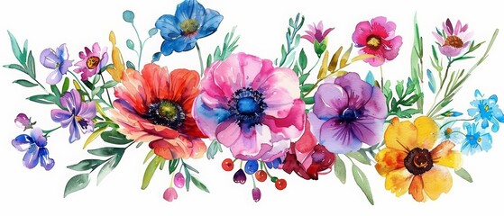 A set of watercolors of a vibrant bouquet of wildflowers blooms brightly, capturing natures spontaneous beauty, Clipart isolated with a white background