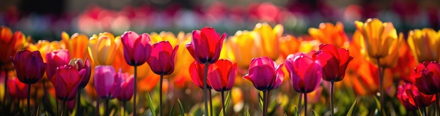Blurry colorful tulips in field