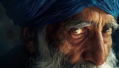 Elderly man with a turban sharing a gaze that tells a hundred stories, inviting empathy and...