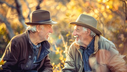 Two senior men in hats enjoying each other's company outdoors in nature, depicting friendship and leisure in later life