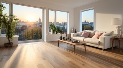Naklejka premium Modern Living Room with Hardwood Floor and City View in Natural Lighting