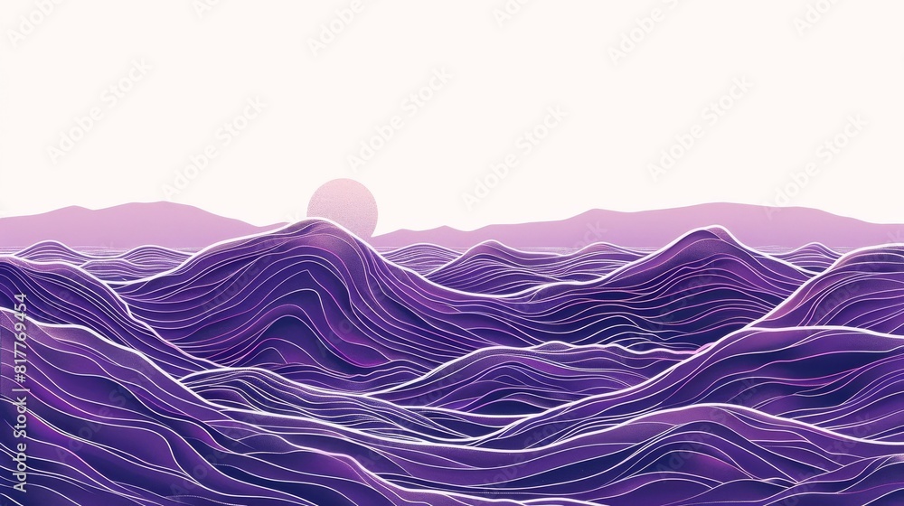 Poster a computer generated image of a purple ocean with a sun in the sky