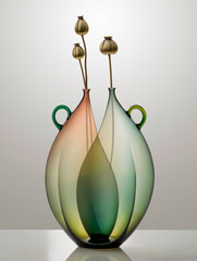 Beautiful still life poppy pod flower arrangement in an Extravagant and minimalist glass vase 