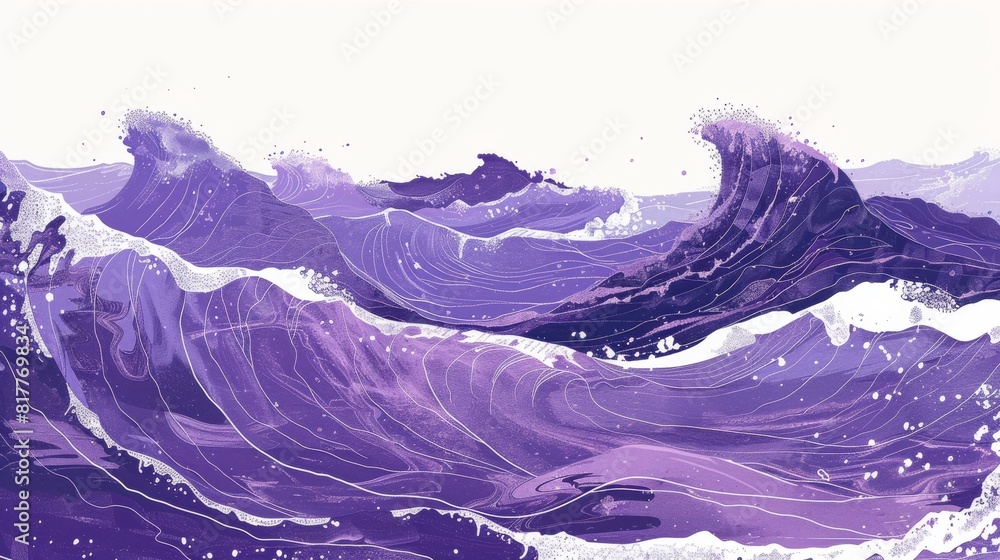 Poster a large ocean with purple waves. the mood of the painting is calm and serene, as the waves are gentl