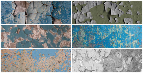 Set of peeling paint textures. Old concrete walls with cracked flaking paint. Weathered rough painted surfaces with patterns of cracks and peeling. Collection of panoramic backgrounds for design.