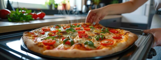 a woman takes a pizza out of the oven. selective focus