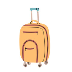 Yellow travel suitcase on white background. Stuff for vacation. Baggage