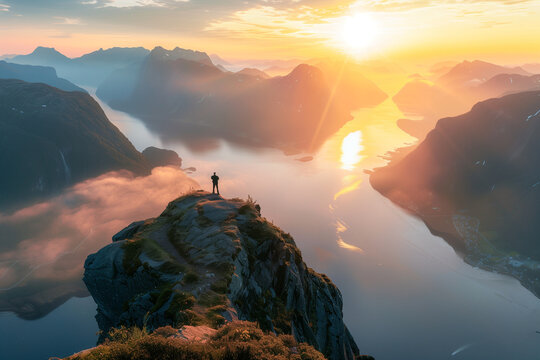 person standing on the edge of a mountain top overlooking beautiful fjords at sunrise, looking out into the distance with determination in their eyes. The sun is rising over the mo