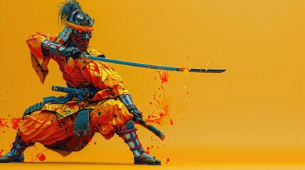 Captivating 3D portrayal of a fierce samurai in an action pose, dynamic and powerful, ideal for action-themed projects, character design, and gaming illustrations