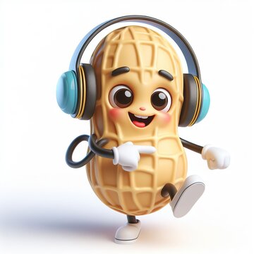 cute 3D funny cartoon peanut with small wireless headphone on head smiling and dancing, white background