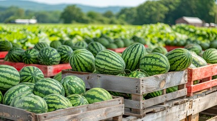 Ripe watermelons in wooden crates on farm stand with countryside view enhancing the rustic feel