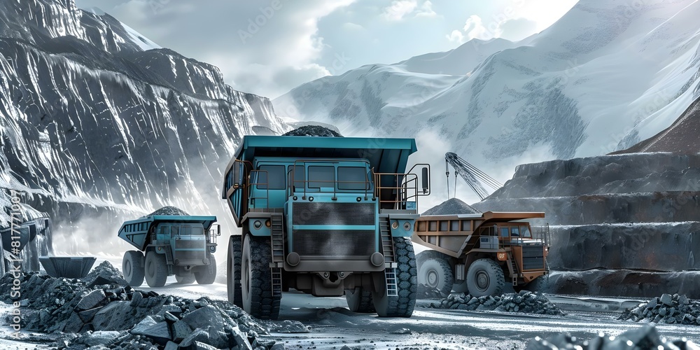 Aufkleber d coal mining site with dump trucks in a minimalist design with available copy space. concept coal m