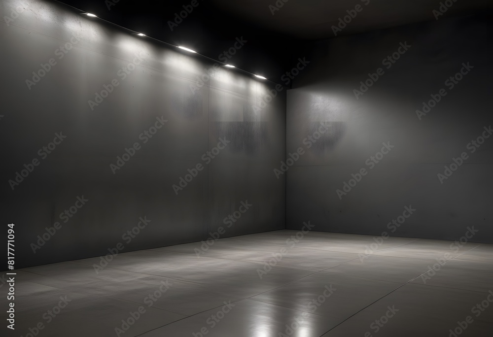Poster dark background. empty space with recessed lights on a reflective concrete floor, generative ai