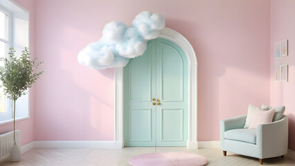 cozy and dreamy room with pastel colored wall and cloud shaped lighting, ai generated