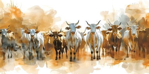 Watercolor illustration of sacred cows in India heading to Holi festival. Concept Watercolor Painting, Sacred Cows, India, Holi Festival, Illustration