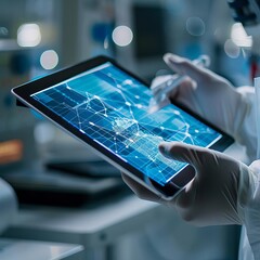 Scientist analyzing patient data on digital tablet, modern lab, screens with live updates, close-up, soft glow