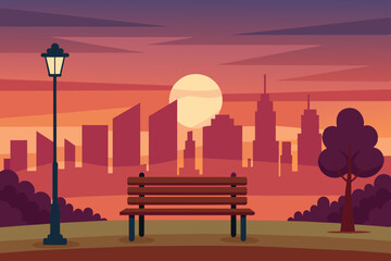  A peaceful scene of a city park at sunset, with a wooden bench facing a street lamp and the skyline landscape vector illustration 