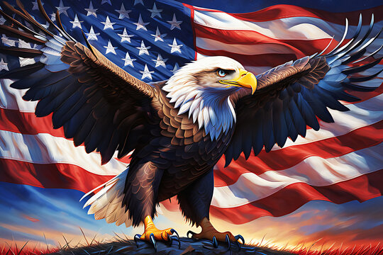 USA Patriotic illustration with American symbols. Image with egle on the national flag background for the Fourth of July holiday