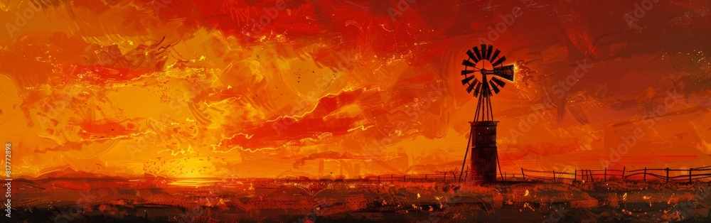 Poster a windmill is standing in a field with a sunset in the background