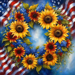 USA Patriotic illustration with American symbols. Image with sunflowers bouquet and national flag for the Fourth of July holiday