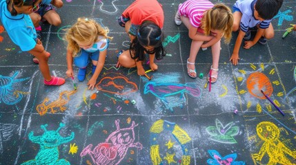 A happy group of children are engaging in leisurely sports and recreation by sitting on the ground, drawing with chalk. AIG41