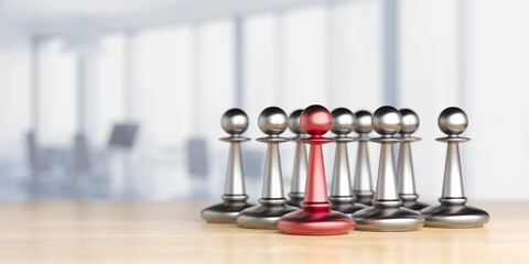 Red pawn chess piece standing out of the group. Leadership, business, team, and teamwork concept