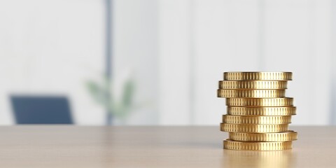 Golden coins on blured office background. Money saving concept
