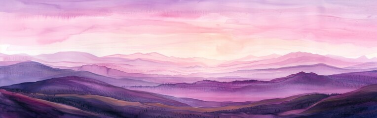 Obraz premium Watercolor illustration of a Wild West landscape at sunset, with rolling hills and distant mountains silhouetted against a sky painted in shades of pink and lavender --ar 19:6 Job ID: ada53099-75e8-4a