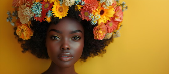 Floral spring concept of fresh spring bright flowers on the face and body of a young dark-skinned attractive girl on a yellow background. Abstract portrait.