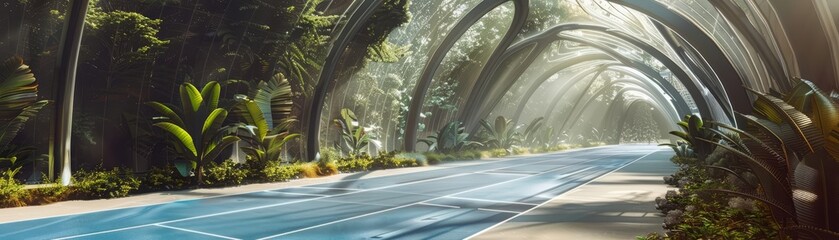 An athletics track surrounded by nature, blending traditional sports with a futuristic biodome structure, ensuring an immersive experience with clean copy space