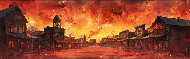 Watercolor illustration of a Wild West town at sunset, with rustic buildings and a fiery sky painted in warm tones of red and orange --ar 19:6 Job ID: 1c4938a6-485c-4874-bfaa-2f69467a571d