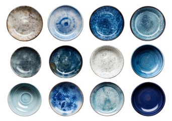 Assorted decorative ceramic plates, cut out - stock png.