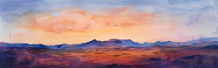 Naklejka premium Watercolor illustration of a desert mesa at sunset in the Wild West, with the landscape bathed in the soft glow of twilight --ar 19:6 Job ID: 755d7118-ede3-452c-b8d4-7ab54aa34d95