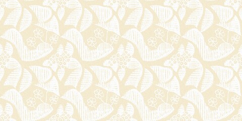 Modern white on cream lace effect wedding border texture. Soft tonal linen openwork block print with subtle hand drawn lattice damask printed fabric banner edge trim. 