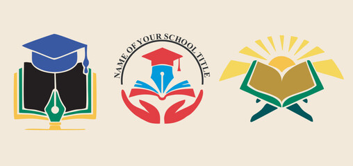 Print, Education logo illustration. Student cap with a book and the sun in a circle on a white background.logo design of student child or people with book template in creative shape isolate vector