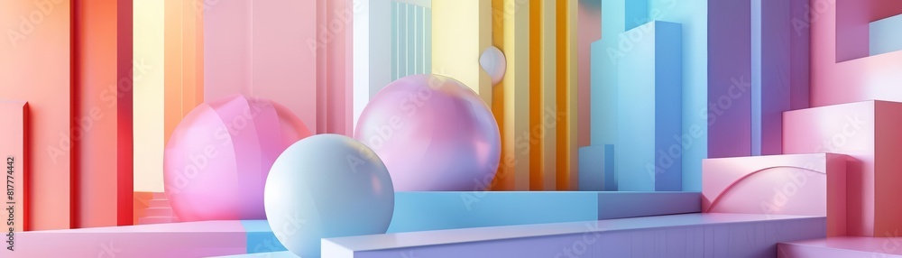 Poster background of dynamic geometric shapes interlock in a vibrant display of pastel tone geometric shape