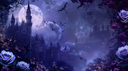 gothic masquerade purple and black background with rose silhouette of castle and flying bats, moonlit sky, with thorny vines and shading design elements for wallpaper and scrapbook