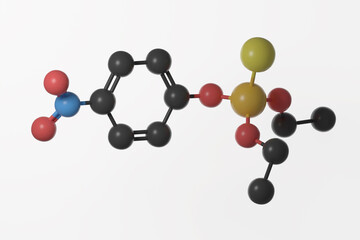 Ball and stick model of parathion molecule against a white background