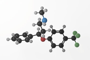 Ball and stick model of fluoxetine molecule against a white background