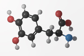 Ball and stick model of levopoda molecule against a white background
