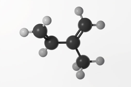 Ball and stick model of isoprene molecule against a white background